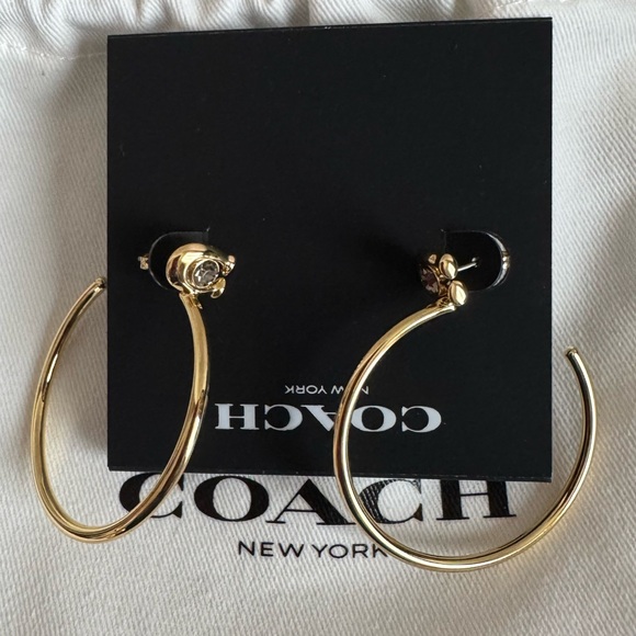 COACH GOLD BRASS CRYSTAL LOGO HOOP EARRINGS MEDIUM LARGE - Picture 5 of 7